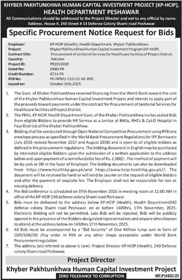 Health Department Peshawar Tender Notice